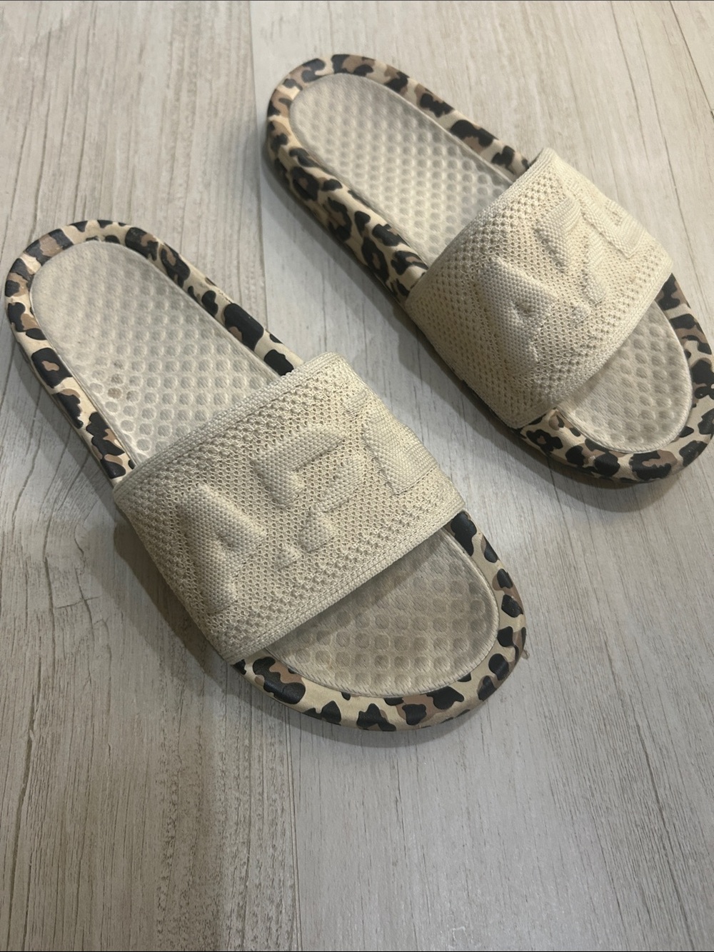 APL Cream Knit Slide Sandals with Leopard Accent
